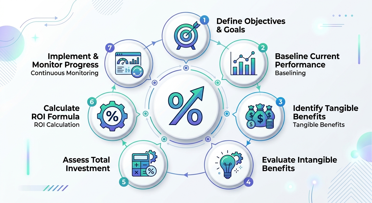An infographic illustrating the 7 proven steps to calculate AI automation ROI, including defining objectives, baselining costs, identifying benefits, assessing intangible values, calculating investment, computing ROI, and continuous monitoring.