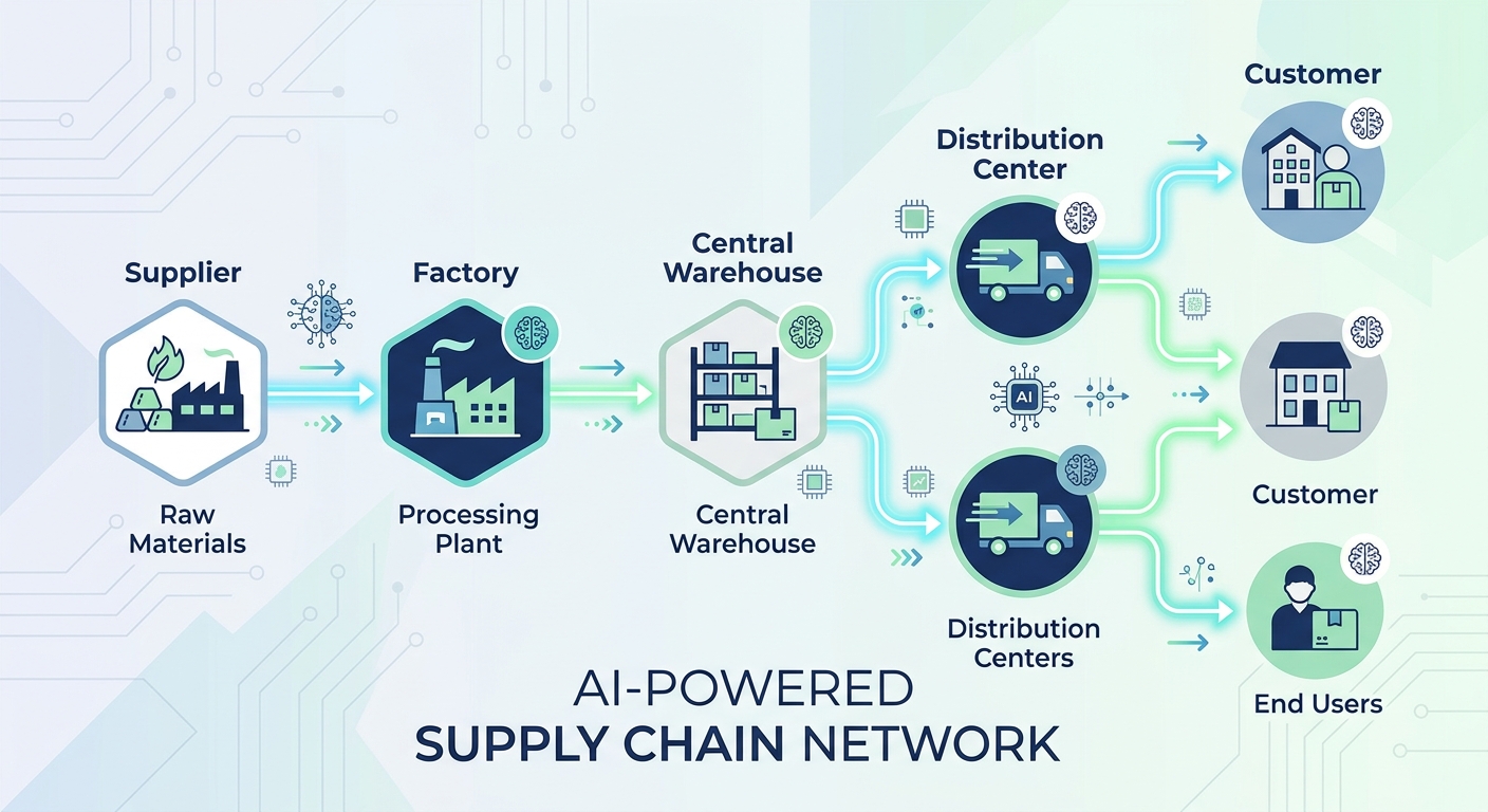 A modern flat vector illustration depicting an AI supply chain automation network with interconnected nodes for suppliers, warehouses, and customers.