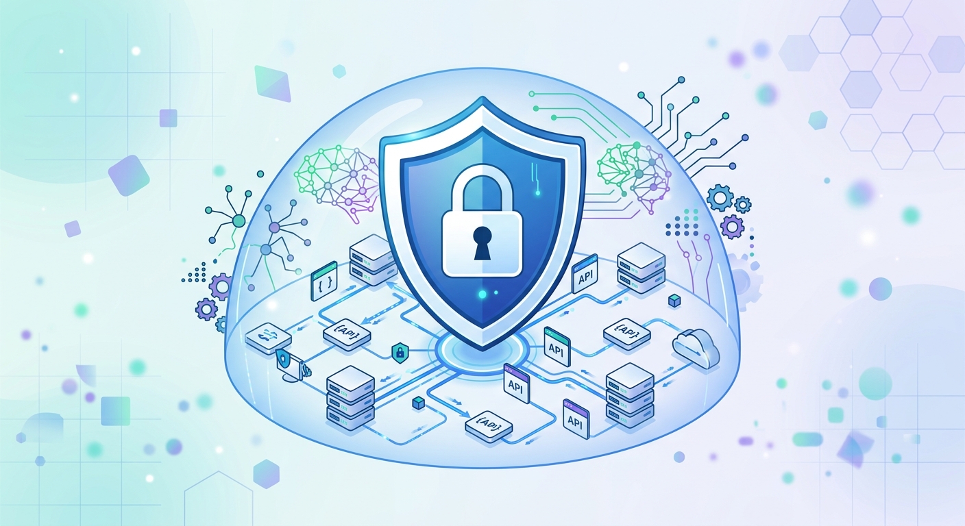 Digital shield protecting interconnected SaaS API endpoints with AI-powered security, illustrating API security best practices.