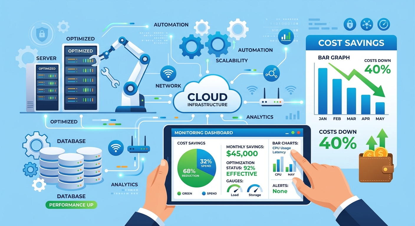 A visual representation of cloud cost optimization, with cloud infrastructure elements, cost graphs, and automation tools, symbolizing efficiency and financial control.