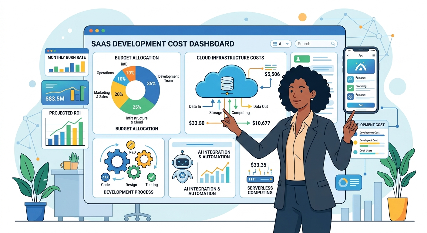 Illustration of a person analyzing a custom SaaS cost dashboard with various factors like development, cloud, AI, and design, representing strategic budgeting for startups.