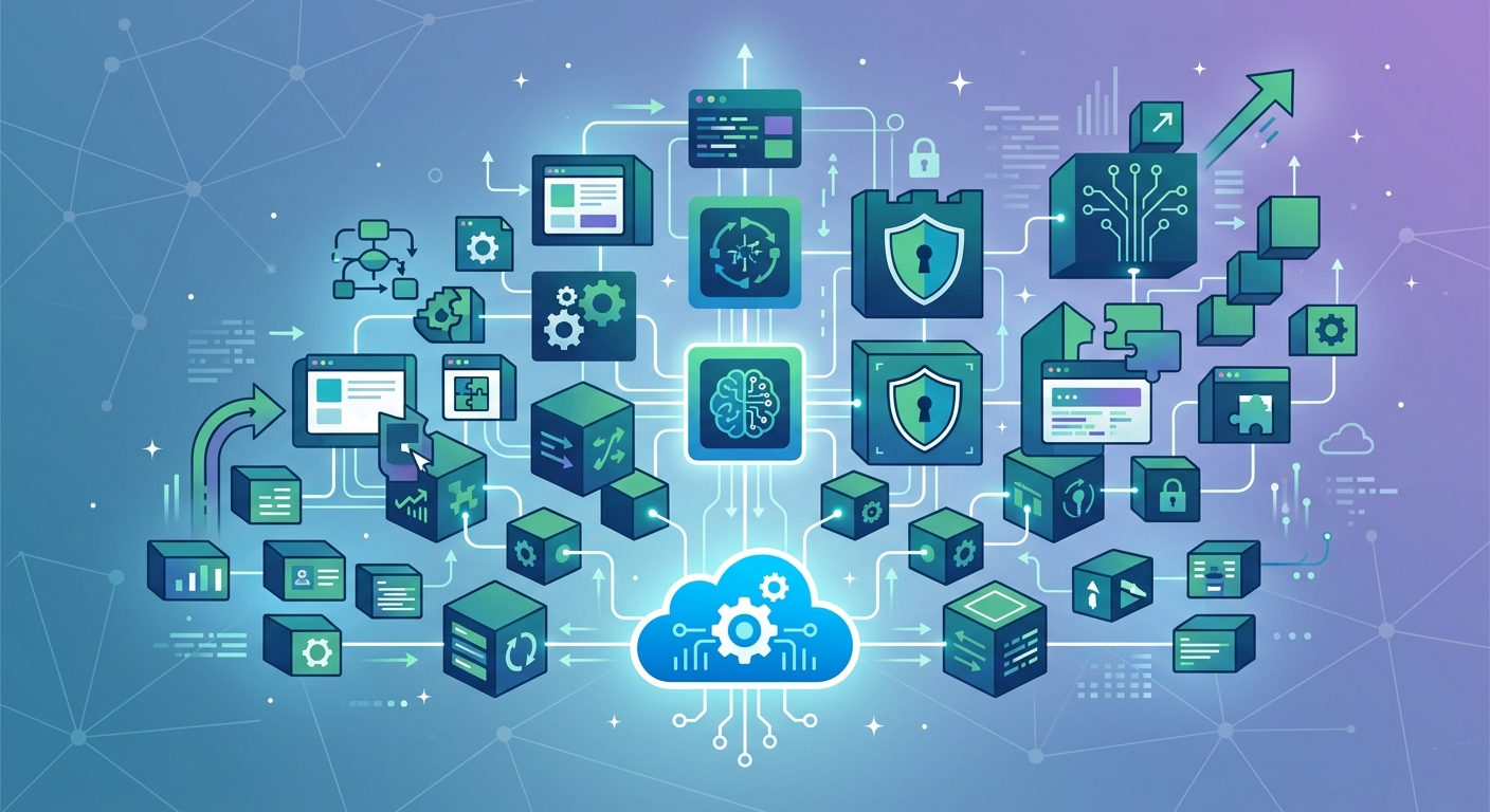 custom saas scalability - Vector illustration of a scalable custom SaaS architecture, showing modular components expanding from a cloud, with integrated AI automation, workflow orchestration, and security elements.