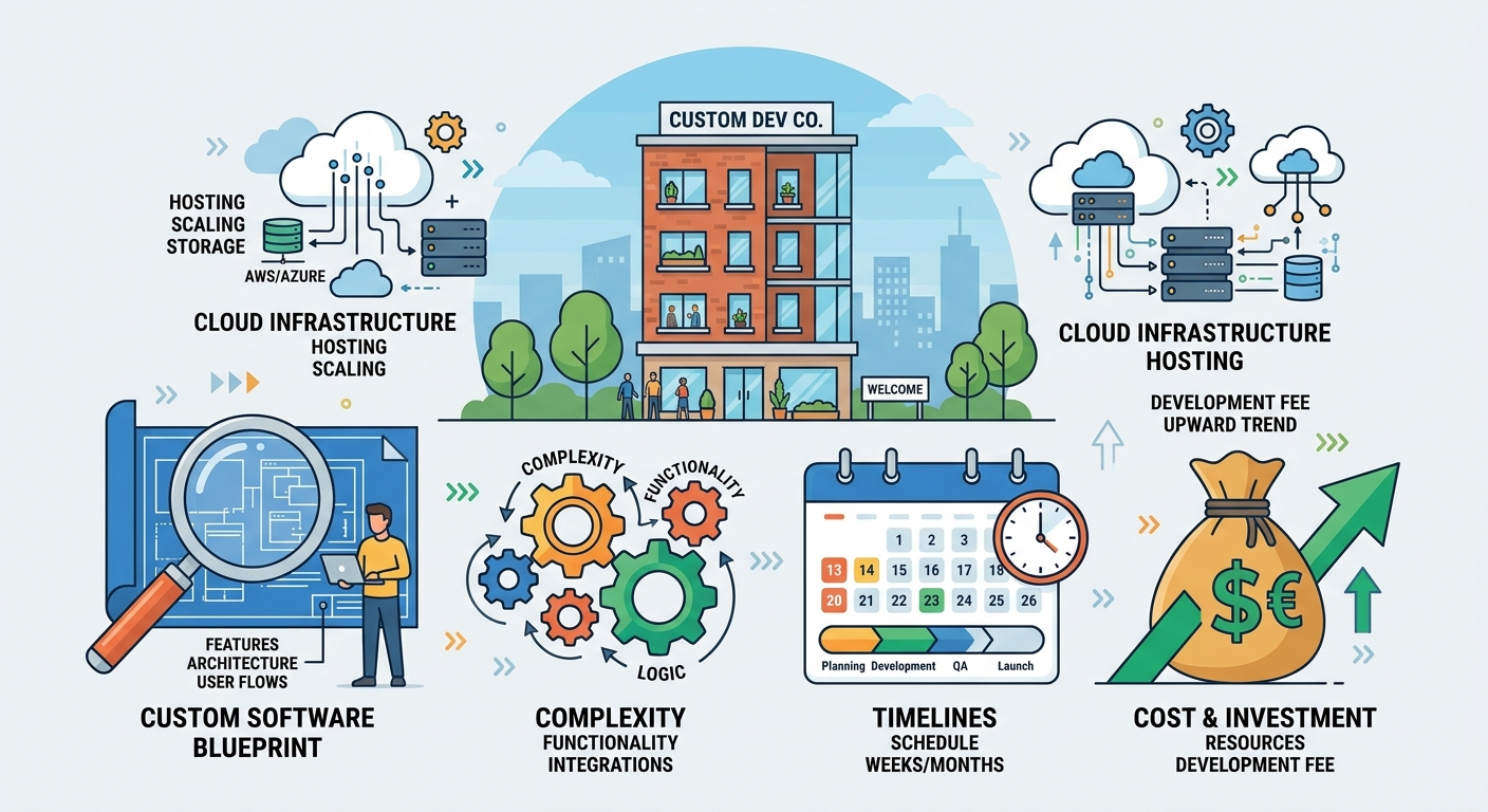 Illustration of key factors influencing custom software development costs for small and medium-sized enterprises.