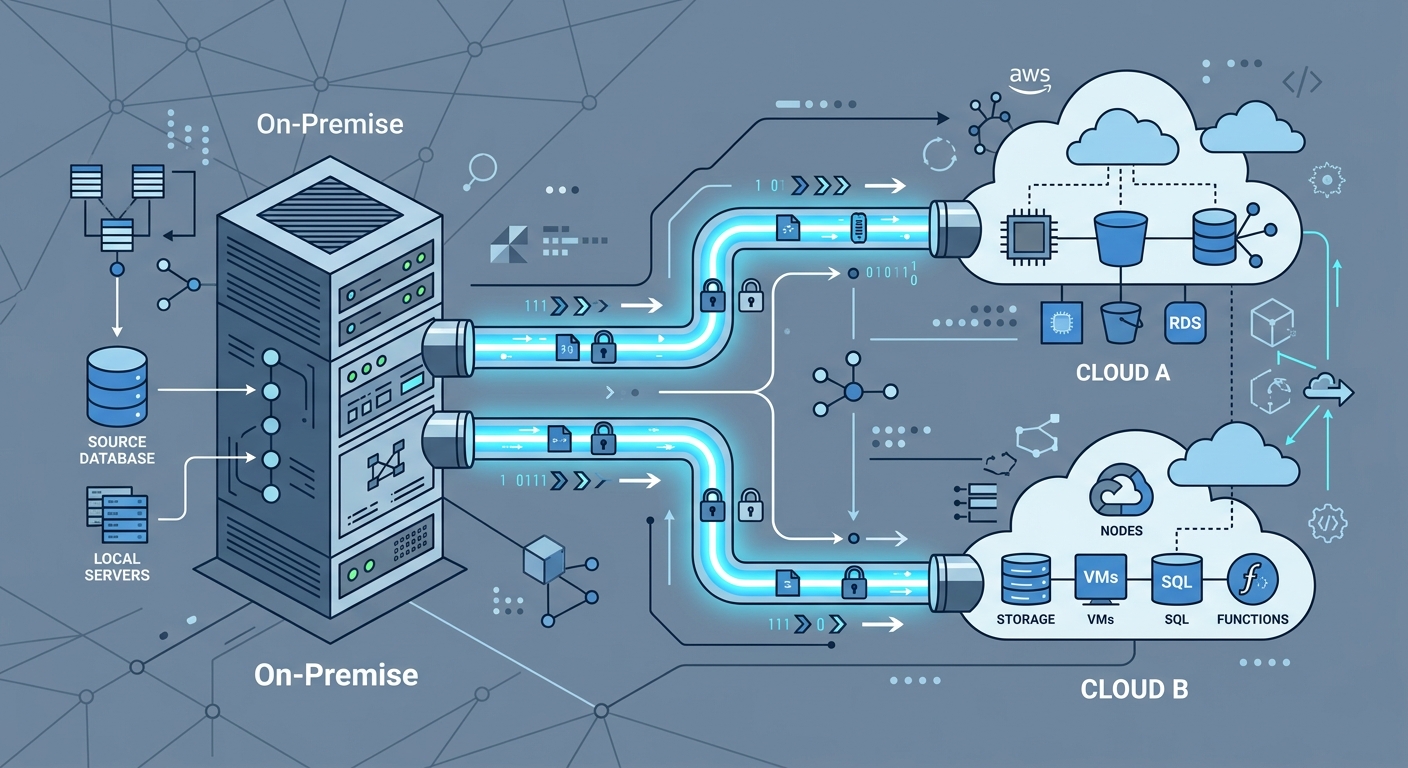 Diagram of a legacy database migration pipeline streaming data securely to cloud infrastructure.