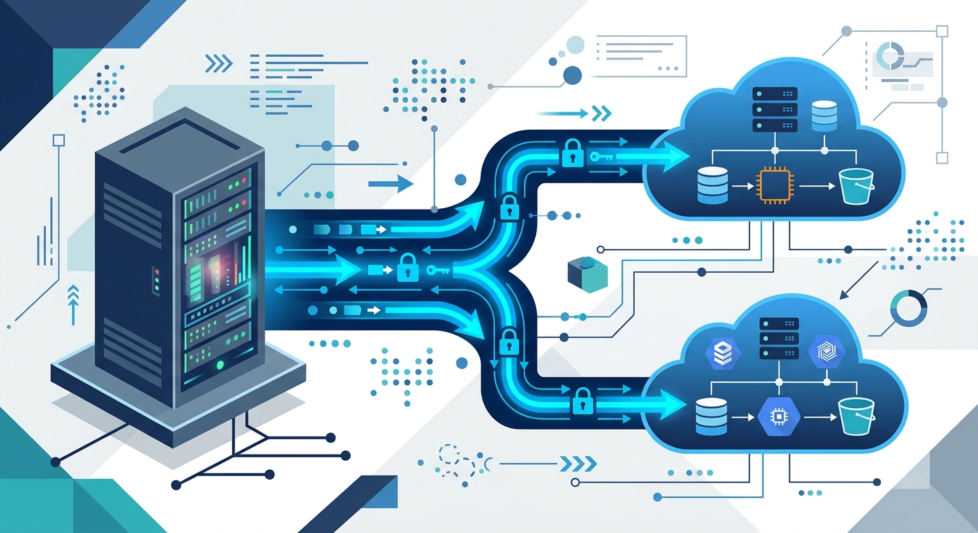 Diagram of a legacy database migration pipeline streaming data securely to cloud infrastructure.
