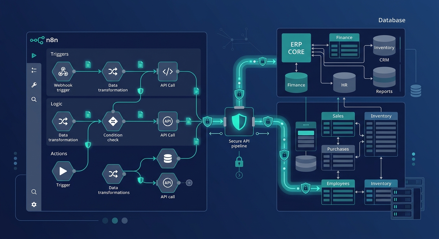 Technical diagram illustration of n8n ERP integration with custom systems and secure database endpoints