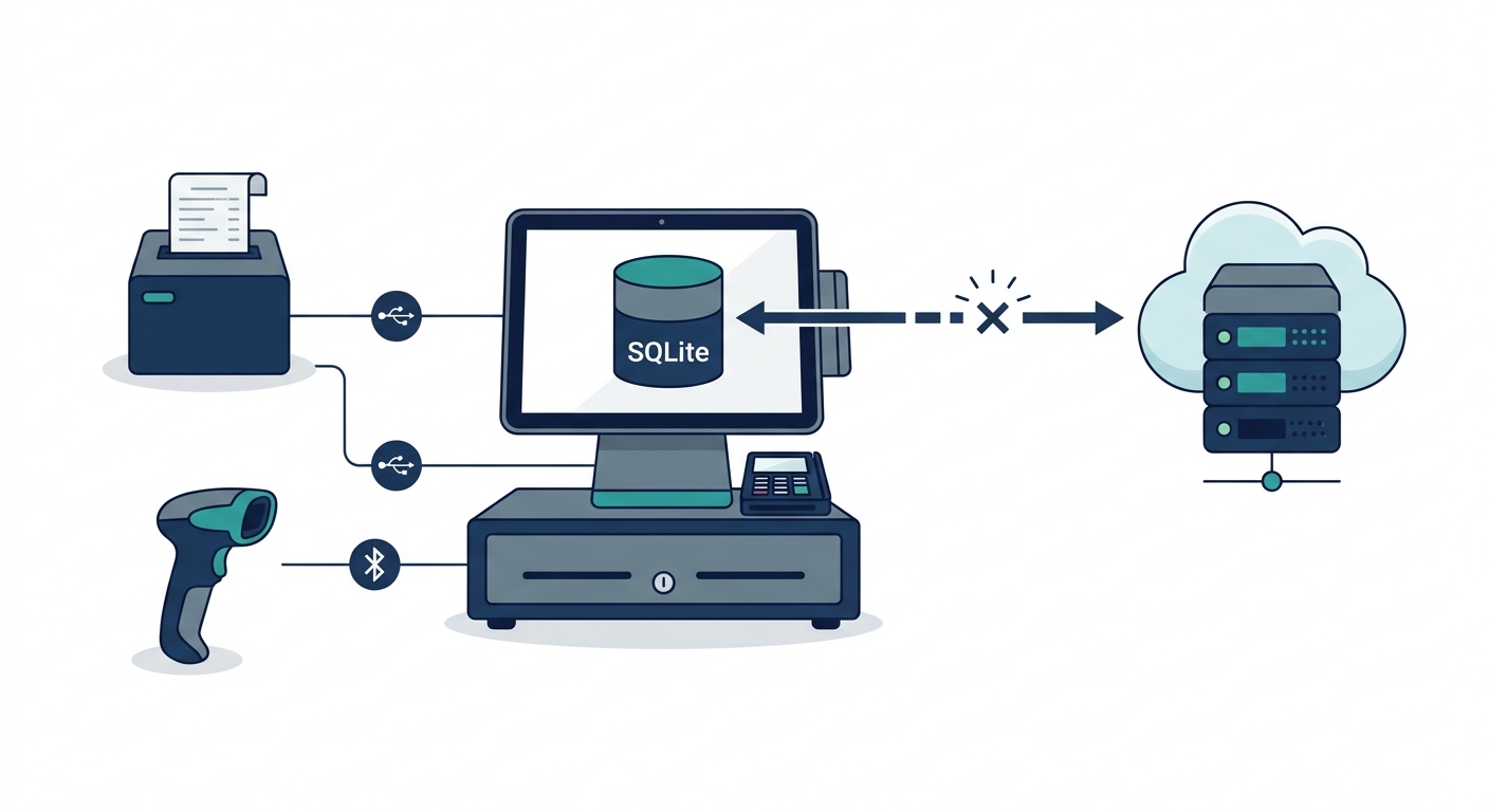 Diagram illustrating offline POS billing software architecture with local database sync and peripheral hardware integration
